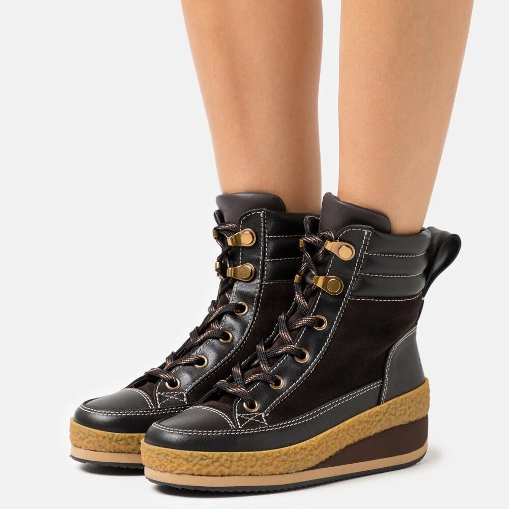 See By Chloé Women's Black and Brown Wedge Lace-Up Boots  EU36/US 6